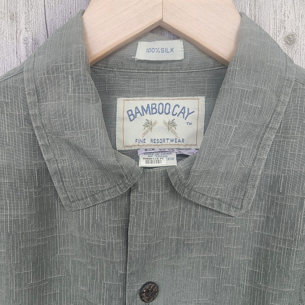 Bamboo Cay Silk Shirt Mens M Olive Green Embroidered Resort Camp Hawaiian Beach - Picture 3 of 13